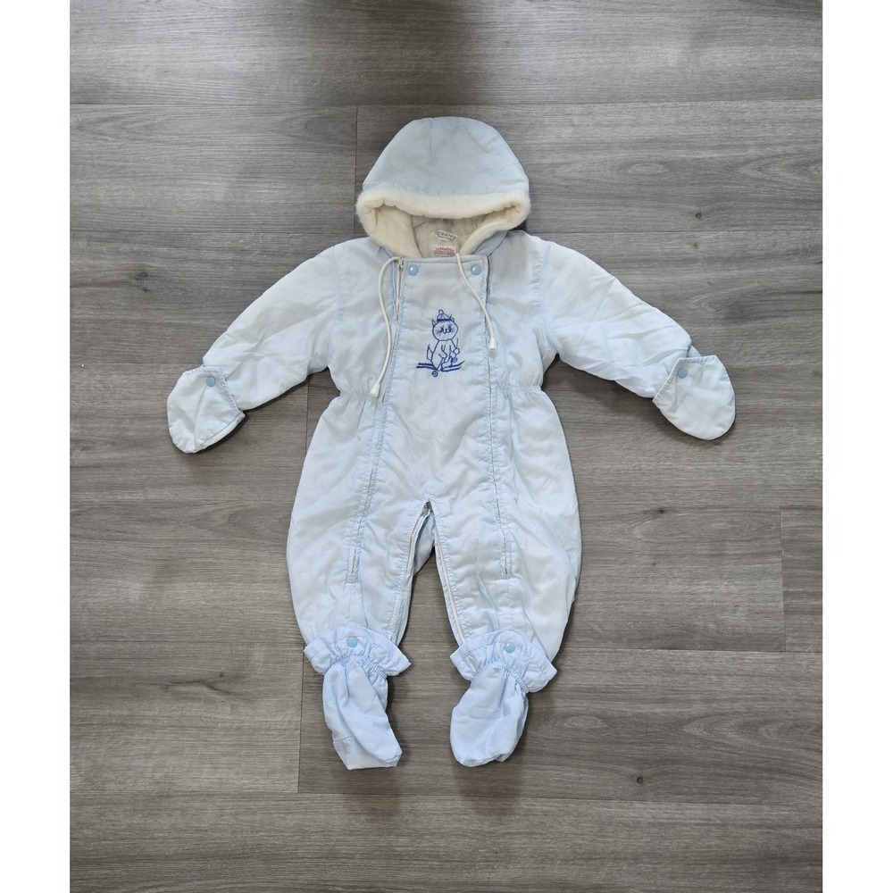 Vintage 70s Toddletime Toddler Snowsuit  Hood Zipper One Piece Baby Blue Size 2